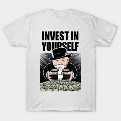 White t-shirt with "Invest in Yourself" graphic, featuring a cartoon character holding money. Casual style, cotton material.