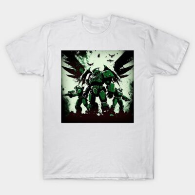 White T-shirt with green robot army design, cotton material, casual style, perfect for sci-fi fans and everyday wear.