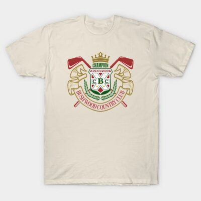 Cream t-shirt with Bushwood Country Club emblem, casual style, 100% cotton, perfect for golf enthusiasts.