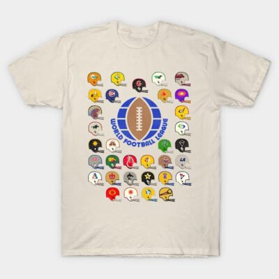 Beige T-shirt featuring colorful vintage football helmets and "World Football League" logo, casual sportswear design.