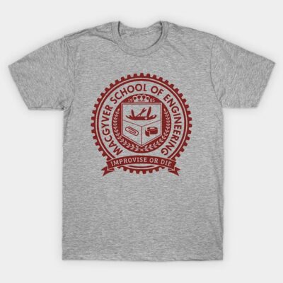 Gray T-shirt with red "MacGyver School of Engineering" emblem, casual wear, cotton blend, unisex design.