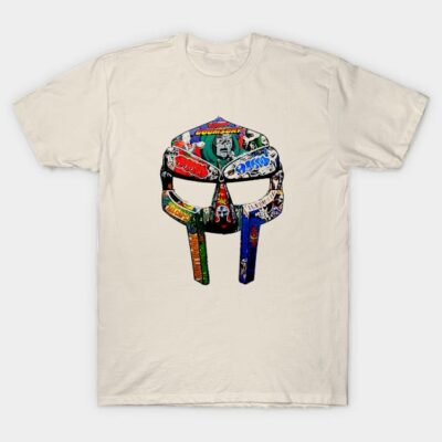 Cream t-shirt featuring colorful comic-style mask design, casual wear, 100% cotton, ideal for everyday fashion.