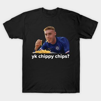 Black T-shirt with "yk chippy chips?" text and a person eating chips, casual style, cotton material.
