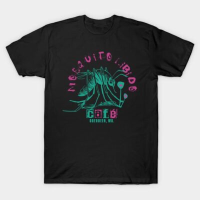 Black graphic t-shirt with colorful mosquito design, casual style, ideal for everyday wear, soft cotton material.