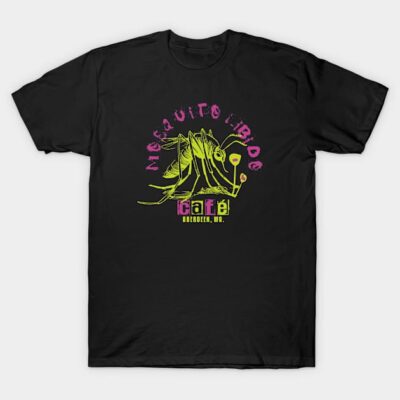 Black T-shirt featuring neon mosquito graphic and café text, casual style, perfect for everyday wear.