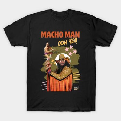 Black graphic t-shirt featuring retro wrestling theme, bold text design, casual wear, cotton material.