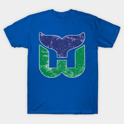 Blue t-shirt with retro whale logo in green and navy, casual style, made of soft cotton for everyday wear.