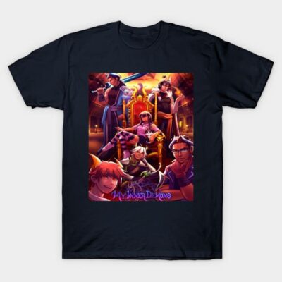 Black T-shirt featuring colorful fantasy character design, ideal for casual wear, made from soft cotton material.