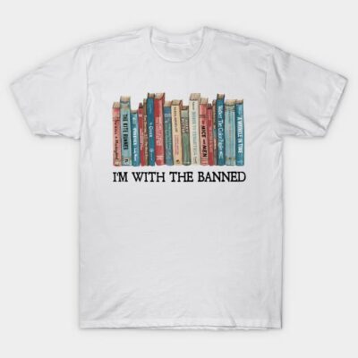 White t-shirt with colorful book graphic and "I'm with the banned" text, casual style, cotton material.