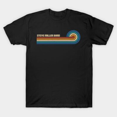 Black retro graphic T-shirt featuring colorful vintage stripes, ideal for casual wear, made from soft cotton blend.