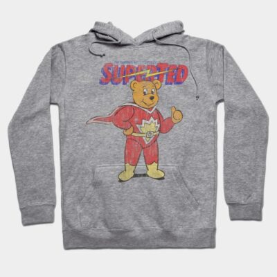 Gray hoodie with cartoon bear graphic, featuring red superhero outfit. Cozy cotton blend, ideal for casual wear.