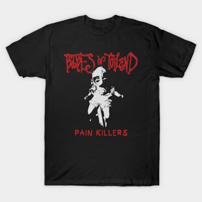 Black graphic tee with red and white text, featuring a unique design. Casual cotton shirt for everyday wear.