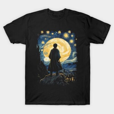 Black t-shirt with starry night and silhouette design, casual wear, cotton blend, artistic print for fans.