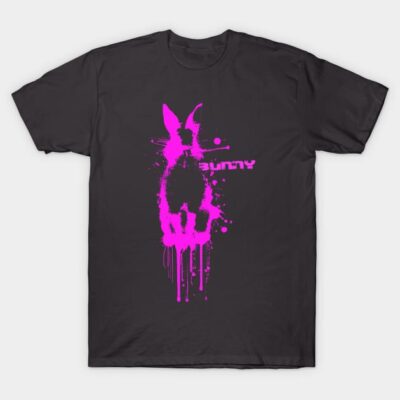 Black t-shirt with pink bunny graffiti design, made of cotton, perfect for casual wear.