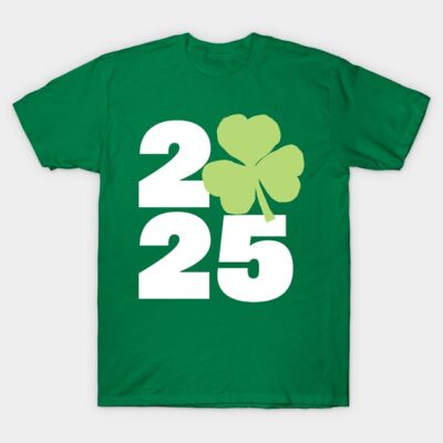 Green T-shirt with "2025" and shamrock design, perfect for St. Patrick's Day celebrations, casual cotton wear.