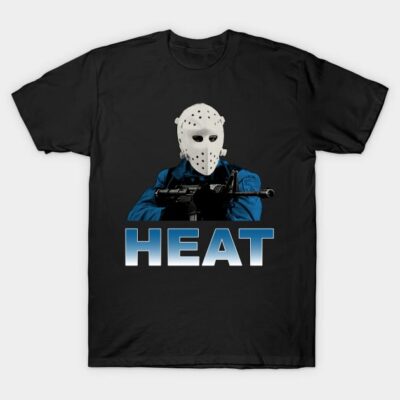 Black graphic T-shirt featuring a masked figure with the word "HEAT" in bold blue letters, perfect for casual wear.