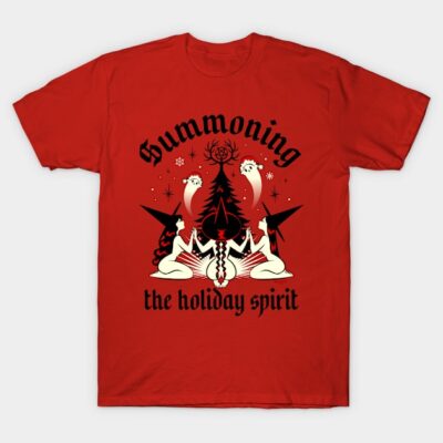 Red holiday-themed T-shirt with "Summoning the Holiday Spirit" design, featuring mystical graphics.