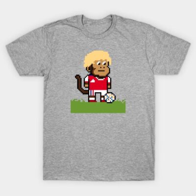 Gray t-shirt with pixel art monkey soccer player design, red jersey, casual wear, cotton fabric.