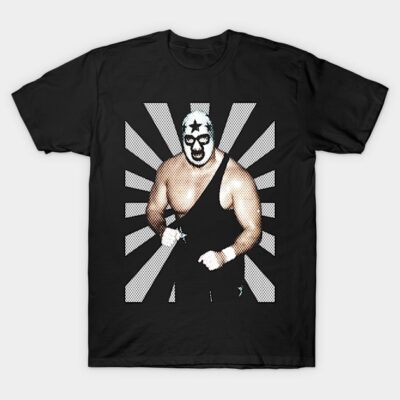 Black graphic t-shirt featuring bold wrestling design with star pattern, ideal for casual wear and sports fans.