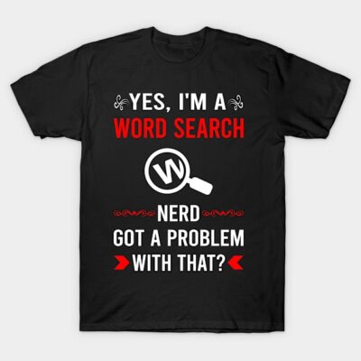 Black t-shirt with playful "Word Search Nerd" graphic in red and white text, casual style for puzzle enthusiasts.