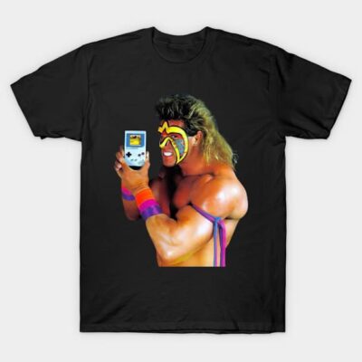 Black t-shirt featuring a vintage wrestler design holding a classic handheld game console, ideal for retro enthusiasts.