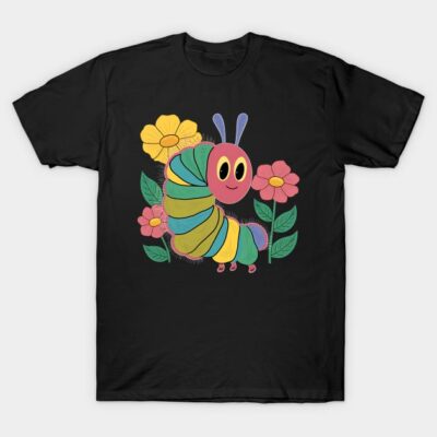 Black t-shirt with colorful cartoon caterpillar and flowers design, casual unisex style, 100% cotton, vibrant print.