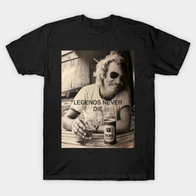 Black t-shirt with "Legends Never Die" print, vintage style, casual wear, ideal for everyday use.