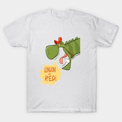 White unisex t-shirt featuring green dinosaur graphic with "London is Red" text, casual wear, cotton fabric.