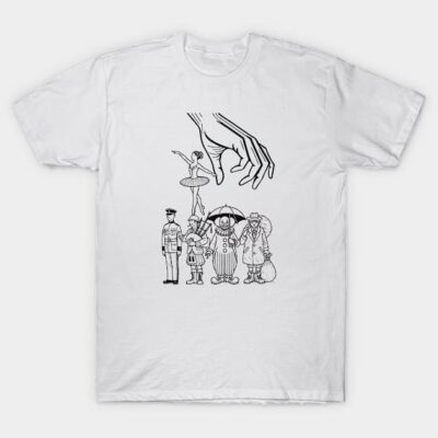 White cotton t-shirt with unique black line art design featuring various characters and a hand. Perfect for casual wear.