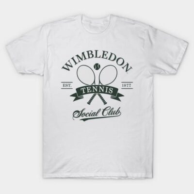 White cotton t-shirt with green "Wimbledon Tennis Social Club" graphic print, casual sportswear.