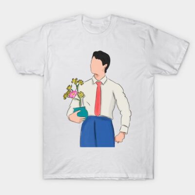 White t-shirt with colorful graphic of a person holding flowers. Casual wear, cotton material, unisex style.