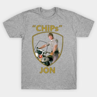 Gray "CHiPs" graphic t-shirt with retro motorcycle design, cotton blend, casual wear.