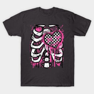 Black t-shirt with artistic skeleton and pink heart design, ideal for casual wear, made from soft cotton material.