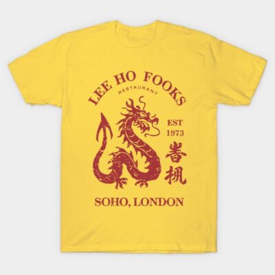 Yellow t-shirt with red dragon print and text, casual style, cotton fabric, ideal for everyday wear.