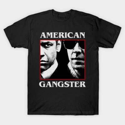 Black "American Gangster" graphic T-shirt, featuring bold text and monochrome design, casual wear, cotton fabric.