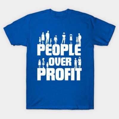 Blue t-shirt with "People Over Profit" slogan in white, ideal for casual wear, cotton material, unisex design.