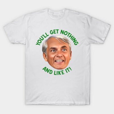 White graphic T-shirt featuring humorous text and illustration, perfect for casual wear. Cotton material, unisex style.