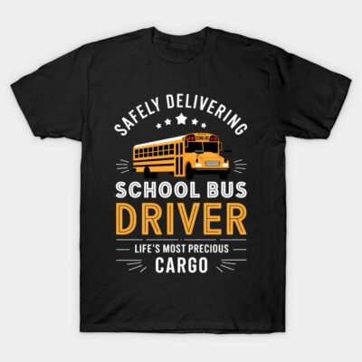 Black t-shirt with yellow school bus graphic and "School Bus Driver" text, perfect for drivers, cotton material.