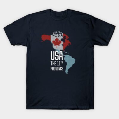 Navy blue t-shirt with North America map design, USA The 11th Province text, casual style, cotton material.