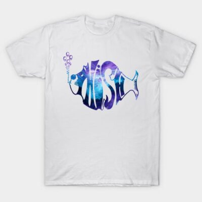 White t-shirt with blue-purple fish design, casual style, 100% cotton, perfect for everyday wear.