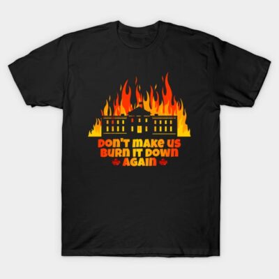 Black T-shirt with fiery building graphic and bold text, ideal for casual wear, cotton material, unisex style.