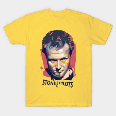 Yellow graphic tee with bold abstract design and text "Stone the Pilots", perfect for casual wear. 100% cotton.