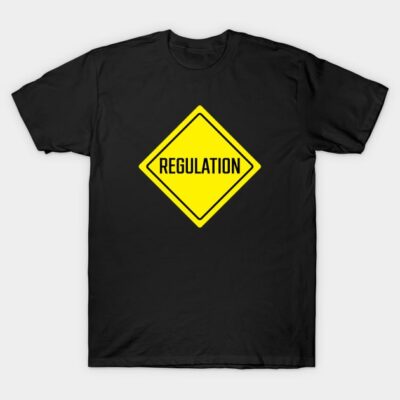 Black T-shirt with yellow "Regulation" road sign design, casual style, made from soft cotton for everyday wear.