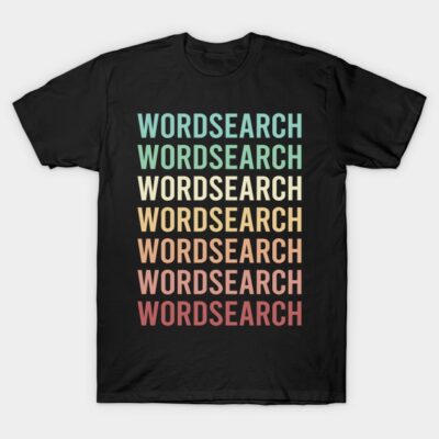 Black t-shirt with colorful "Wordsearch" text design, casual style, ideal for everyday wear.