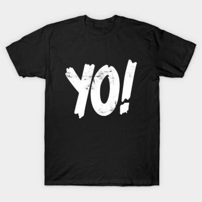 Black cotton t-shirt with bold white "YO!" text, casual style, perfect for everyday wear or street fashion.