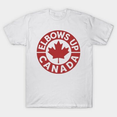 White "Elbows Up Canada" T-shirt with red maple leaf design, casual style, breathable cotton fabric.