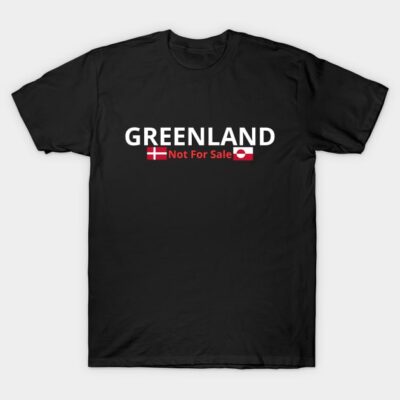 Black t-shirt with "Greenland Not For Sale" text and flag design, casual wear, cotton material.