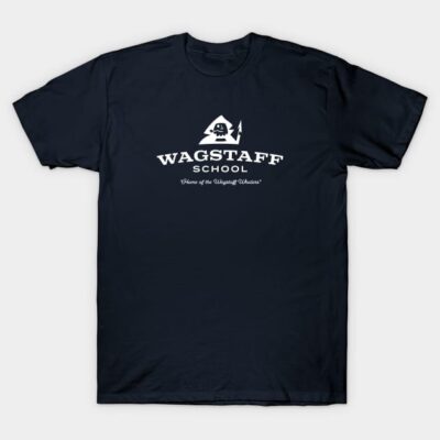 Navy blue Wagstaff School t-shirt featuring white logo and text, casual cotton apparel for everyday wear.