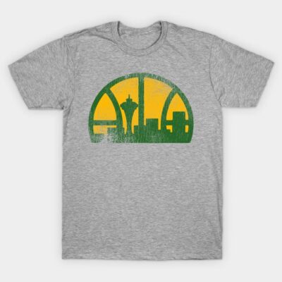 Gray t-shirt with green and yellow city skyline design, casual style, soft cotton material, perfect for everyday wear.