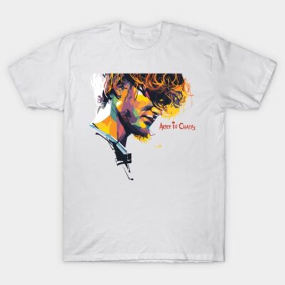 White graphic t-shirt featuring colorful abstract design, perfect for casual wear. Cotton blend, unisex style.